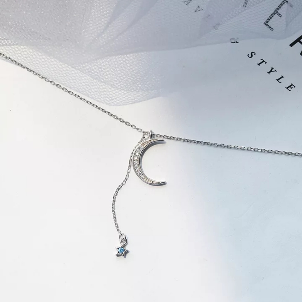 S925 sterling silver crescent moon blue zircon star necklace - Picture 8 of 8